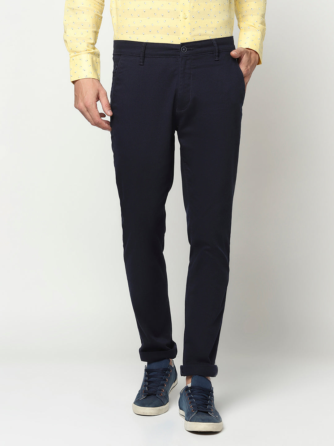 Navy Blue Cuffed Ankle Trousers-Men Trousers-Crimsoune Club