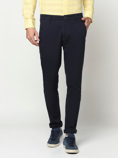 Navy Blue Cuffed Ankle Trousers-Men Trousers-Crimsoune Club