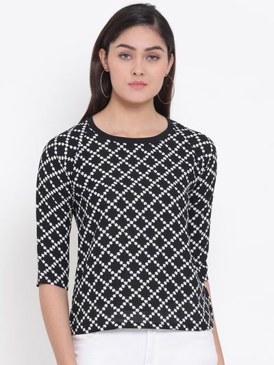 Black Printed Round Neck Top - Women Tops