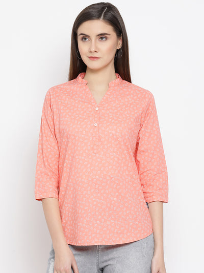 Orange Printed Mandarin Collar Tops - Women Tops