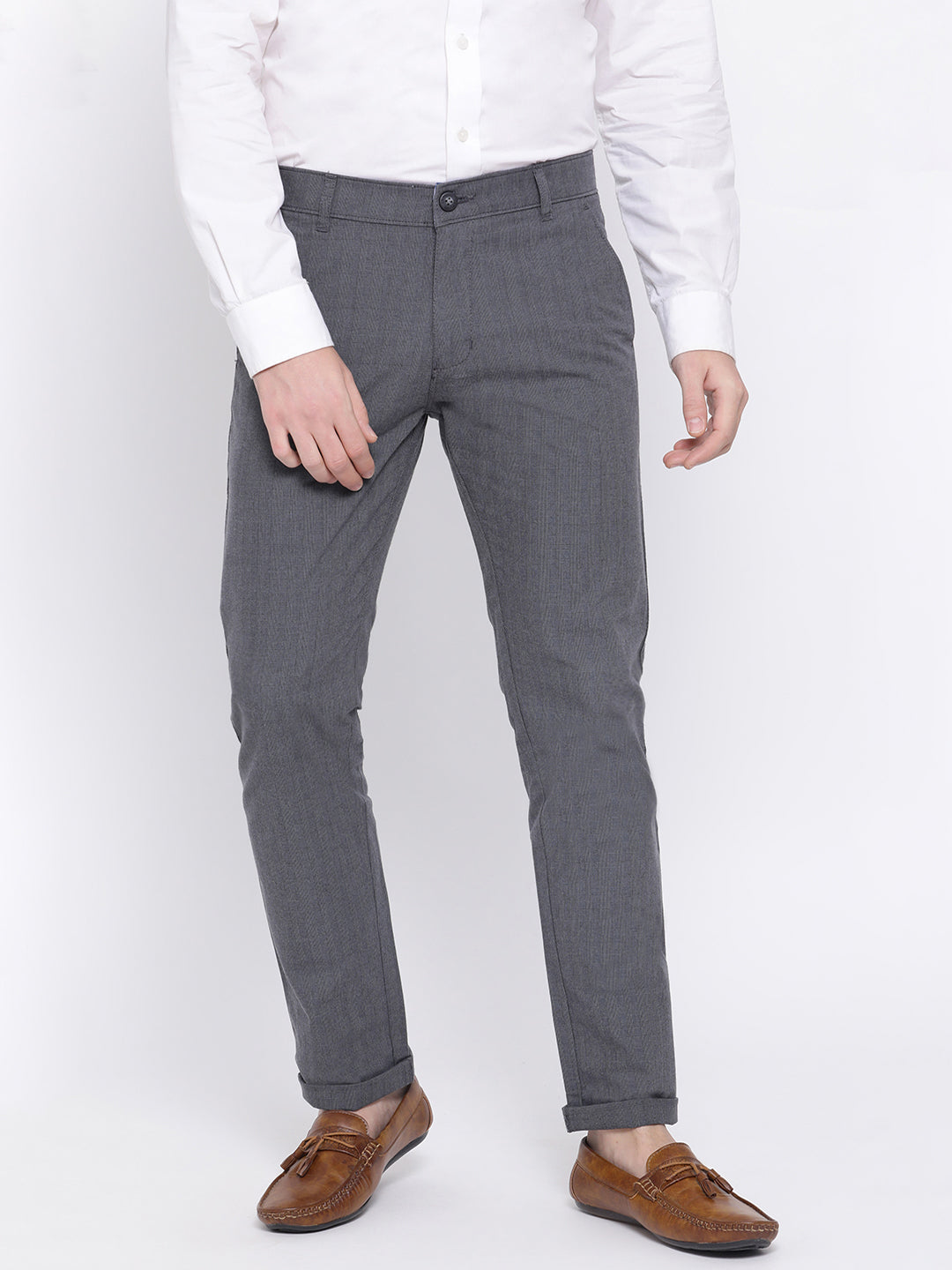 Grey Checked Slim Fit Trousers - Men Trousers