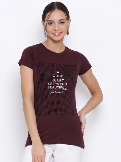 Maroon Printed Slogan T-shirt - Women T-Shirts