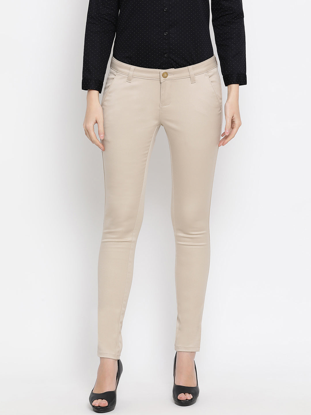 Beige Denim Slim fit Trousers - Women Trousers