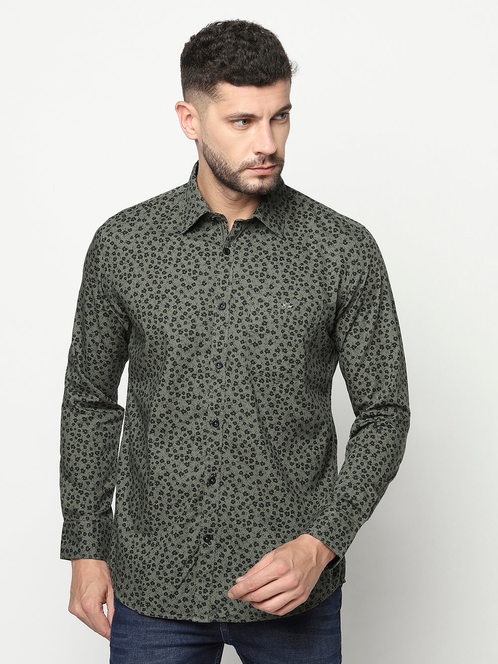 Olive Green Floral Shirt-Men Shirts-Crimsoune Club