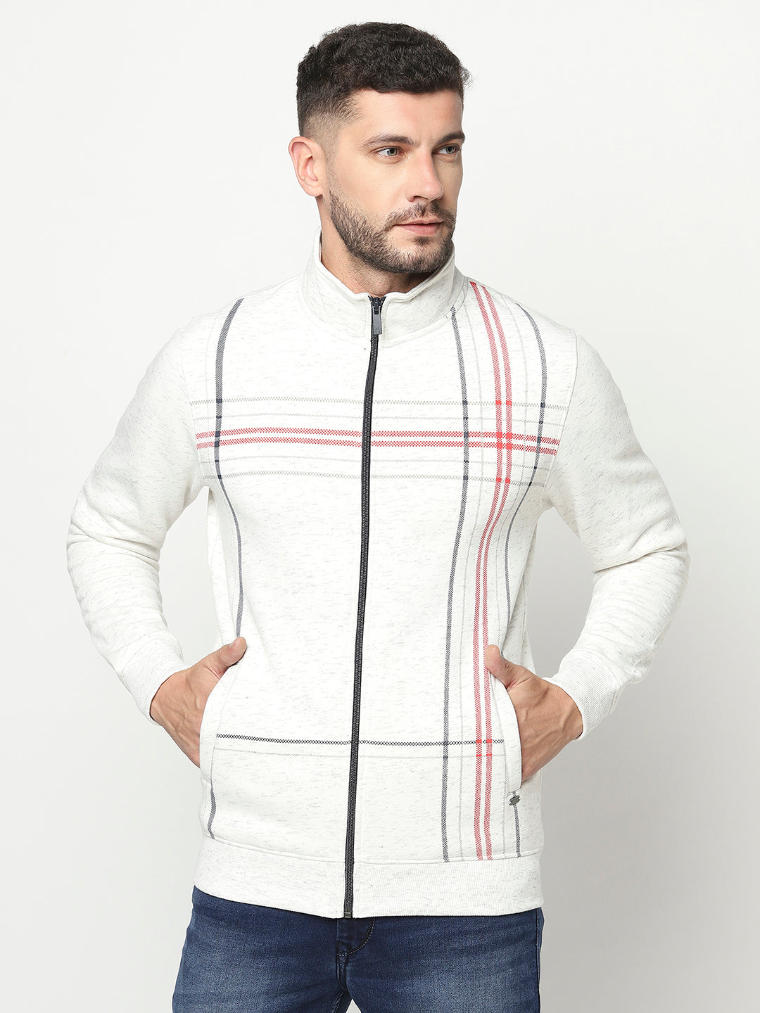 White Lined Zipper Sweatshirt-Men Sweatshirts-Crimsoune Club