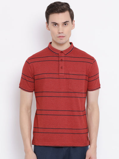 Red Striped Polo Neck T-Shirt - Men T-Shirts
