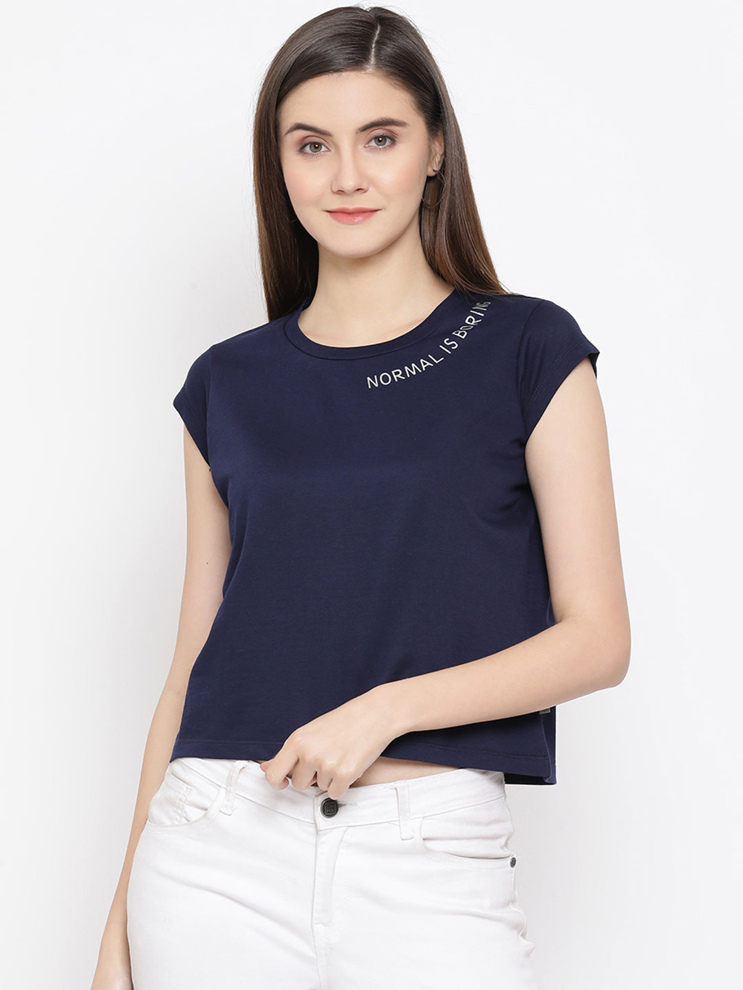 Navy Blue Printed Round Neck T-Shirt - Women T-Shirts