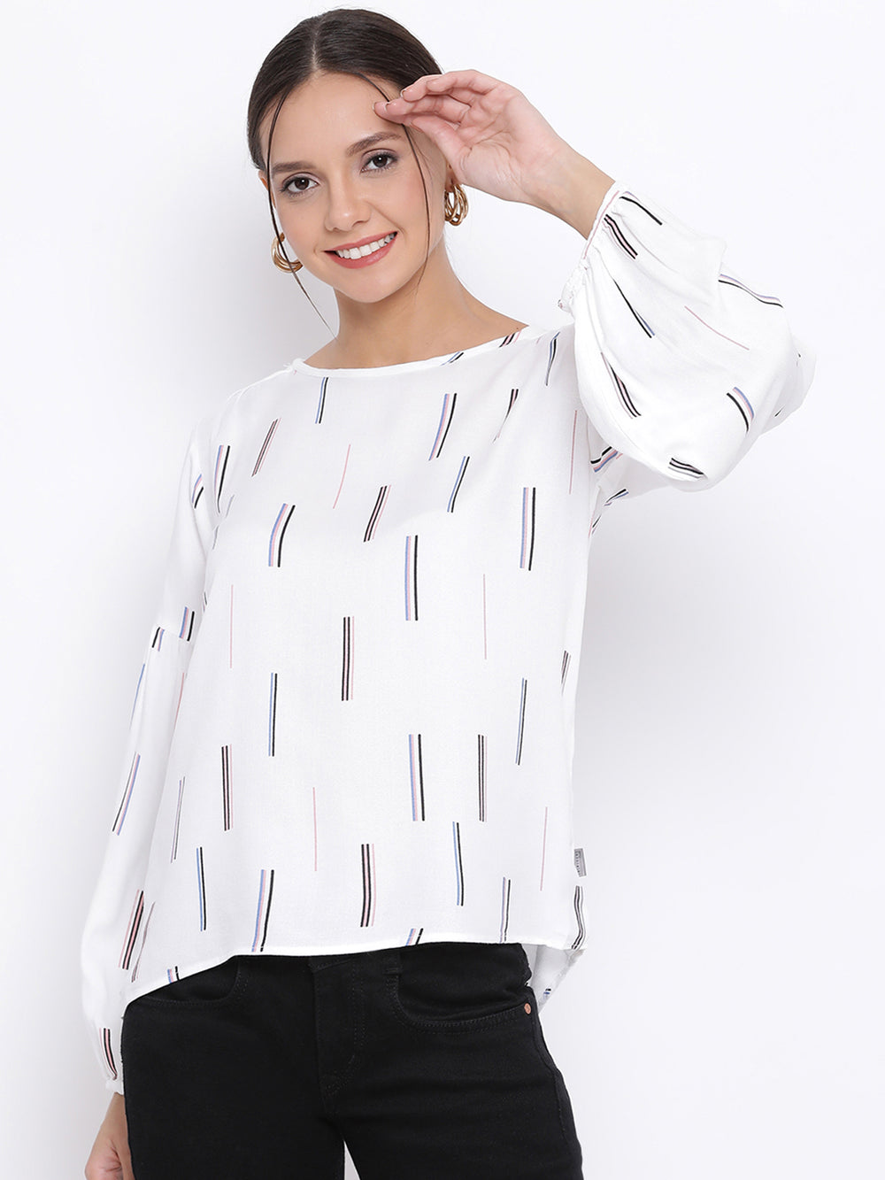 White Printed Round Neck Tops - Women Tops