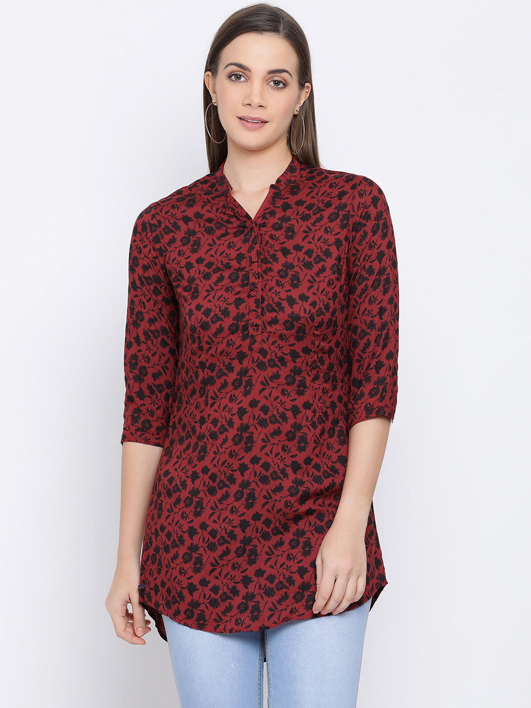 Red Printed V-Neck Top - Women Tops