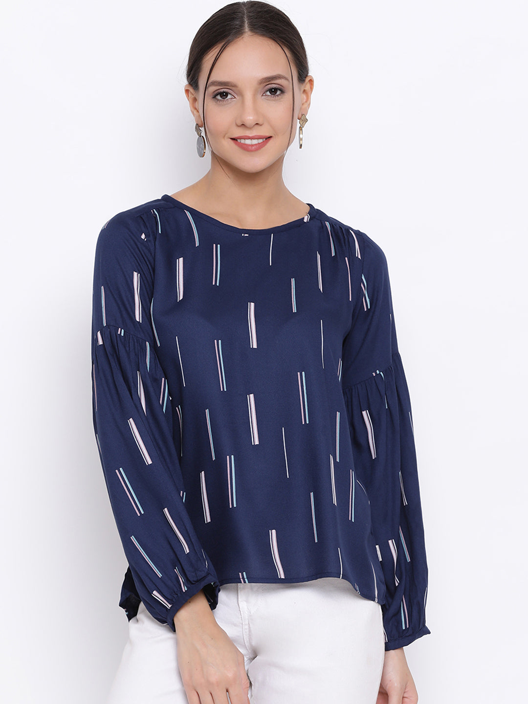 Blue Printed Full Sleeves Top - Women Tops