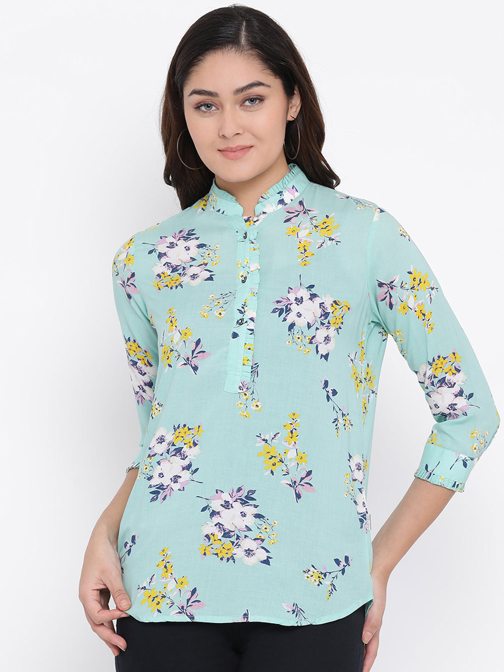 Green Printed Mandarin Collar Tops - Women Tops