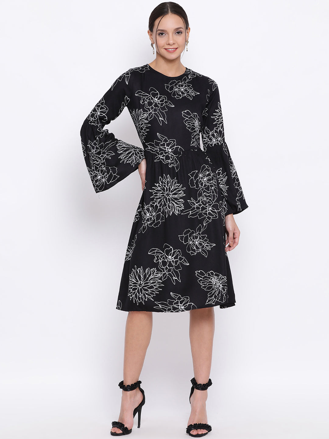 Black Floral Bell Sleeves Dress - Women Dresses