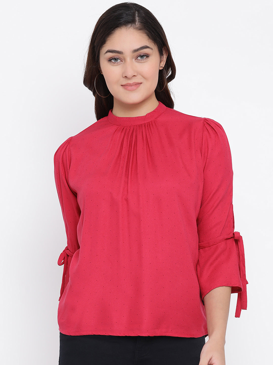 Red Printed Mandarin Collar Tops - Women Tops