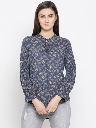 Blue Printed Tie-Up Neck Tops - Women Tops
