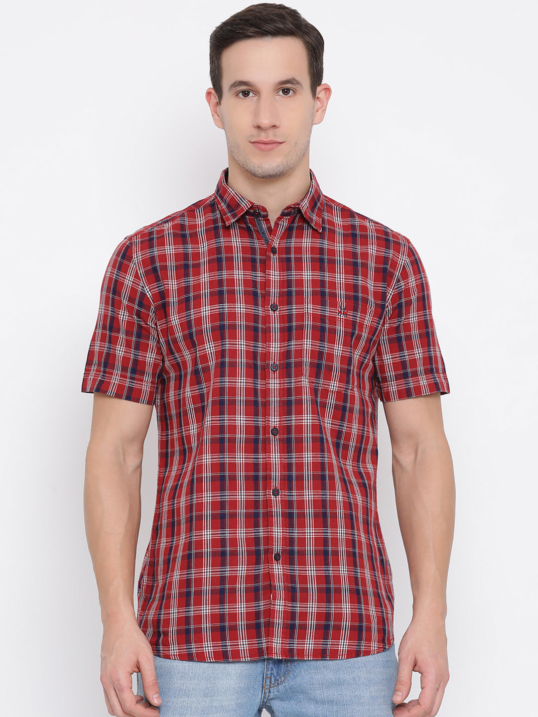 Red Checked Spread Collar Slim Fit Shirt - Men Shirts