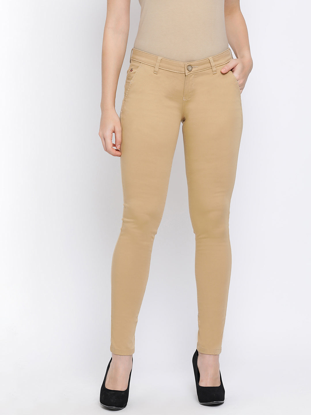 Khaki Denim Slim fit Trousers - Women Trousers