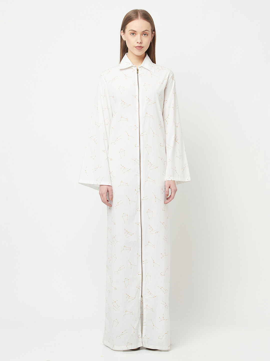 White Printed Shirt Style Longline Cotton Dress - Women Dresses