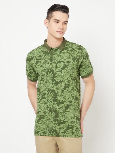 Olive Floral Printed Polo T-Shirt - Men T-Shirts