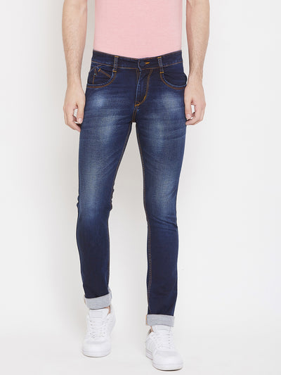 Navy Blue Stonewashed Slim Fit Jeans - Men Jeans