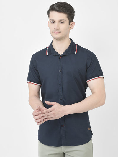  Striped Collar Navy Blue Shirt