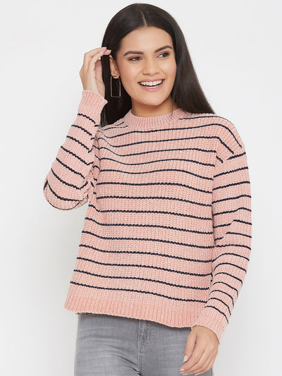 Pink Striped Round Neck Sweater - Women Sweaters