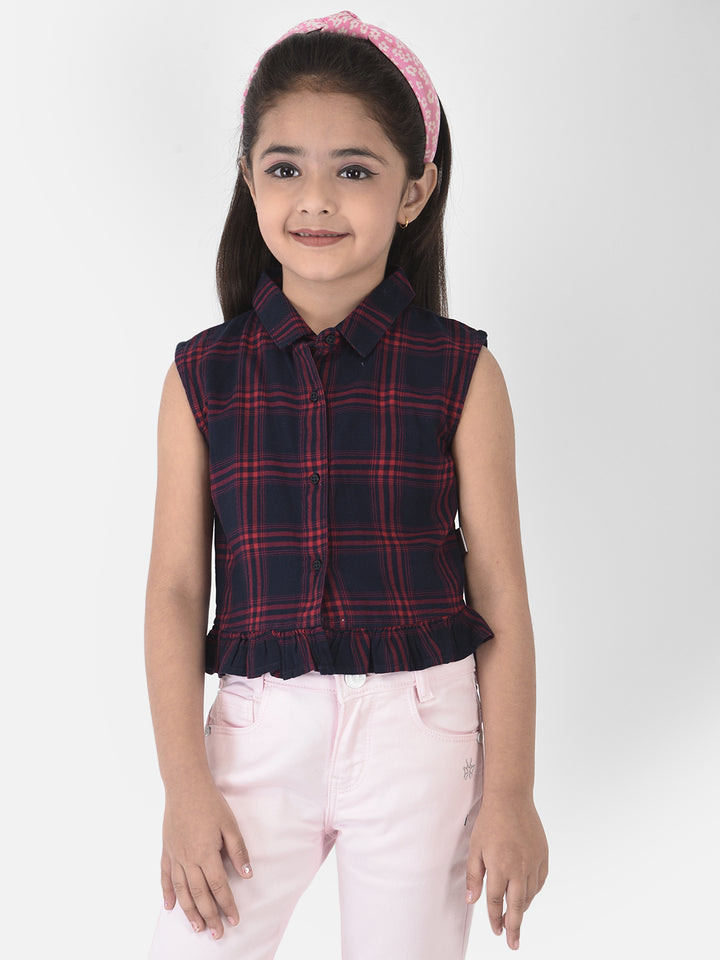 Navy Blue Tartan Checked Crop Shirt - Girls Shirts