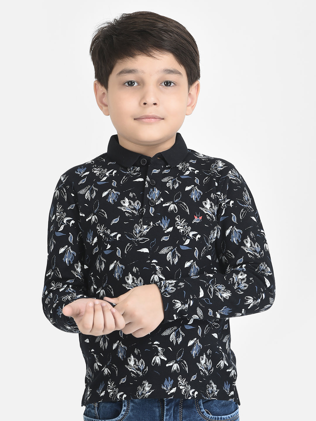 Navy Blue Floral Print T-Shirt-Boys T-Shirts-Crimsoune Club