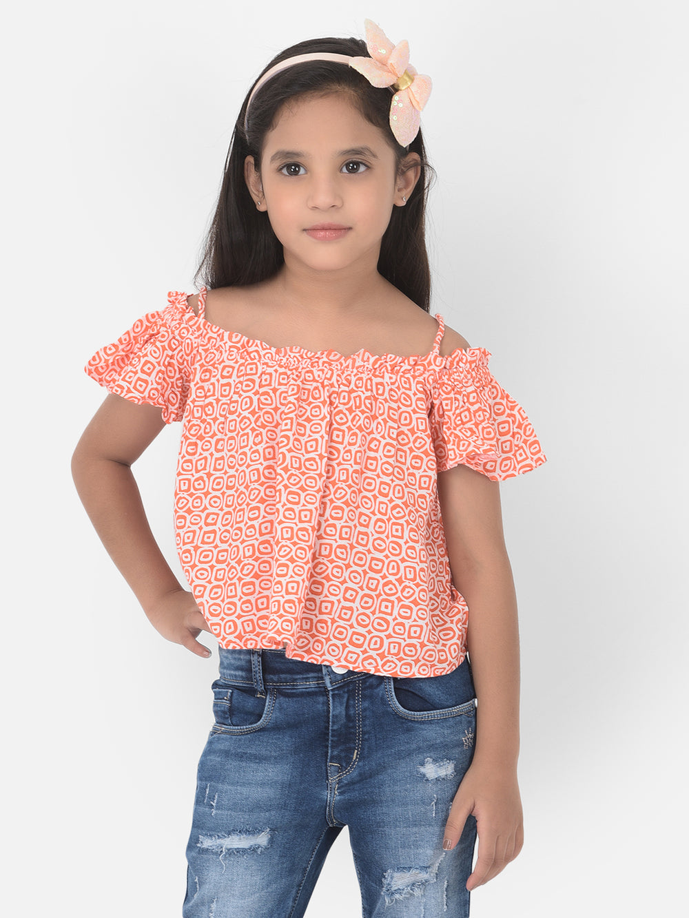 Orange Printed Cold Shoulder Crop Top - Girls Tops