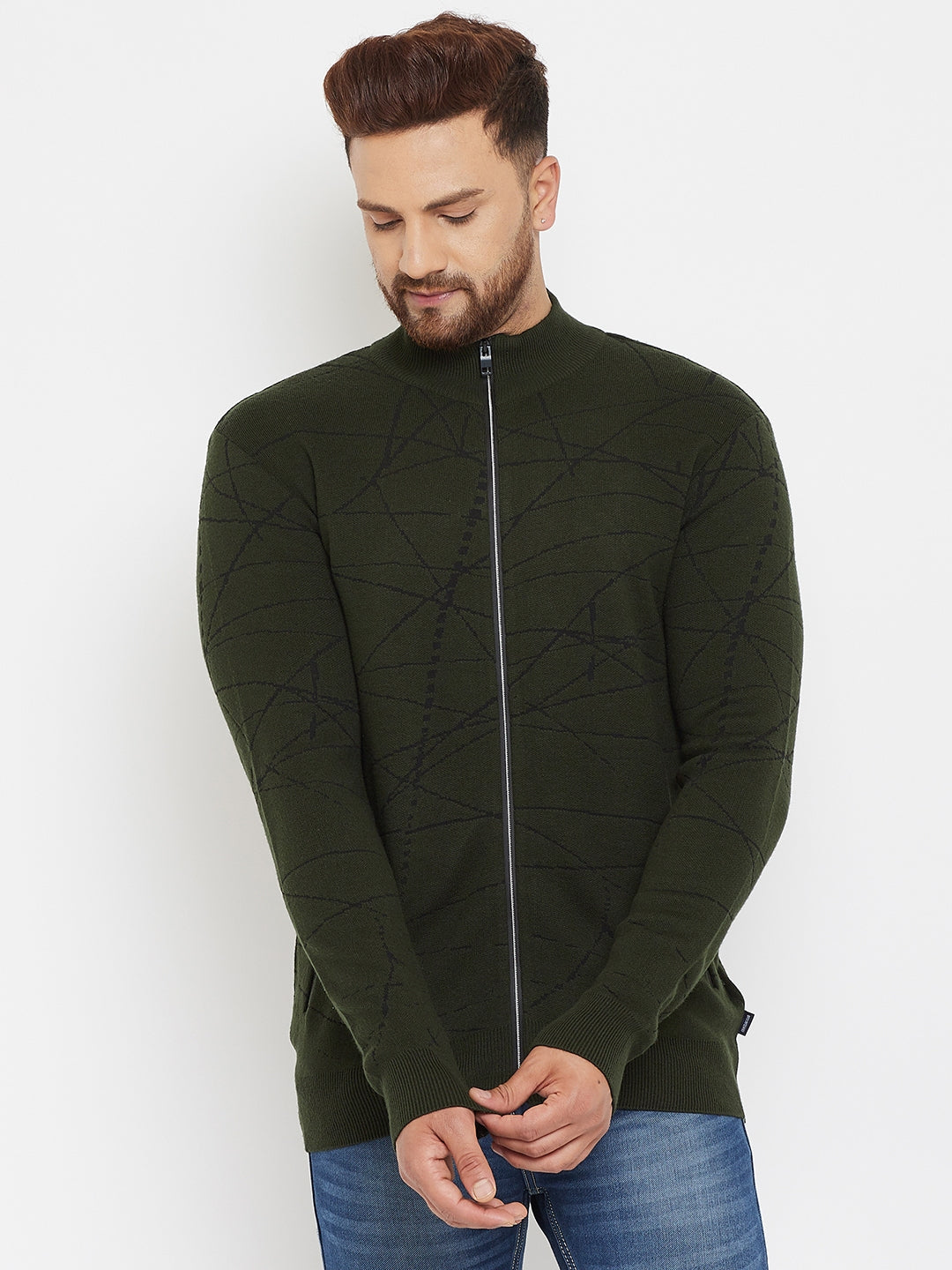 Olive Printed Zipper Sweater - Men Sweaters