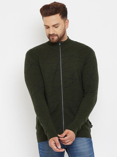 Olive Printed Zipper Sweater - Men Sweaters