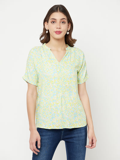 Green Floral Printed V-Neck Top - Women Tops