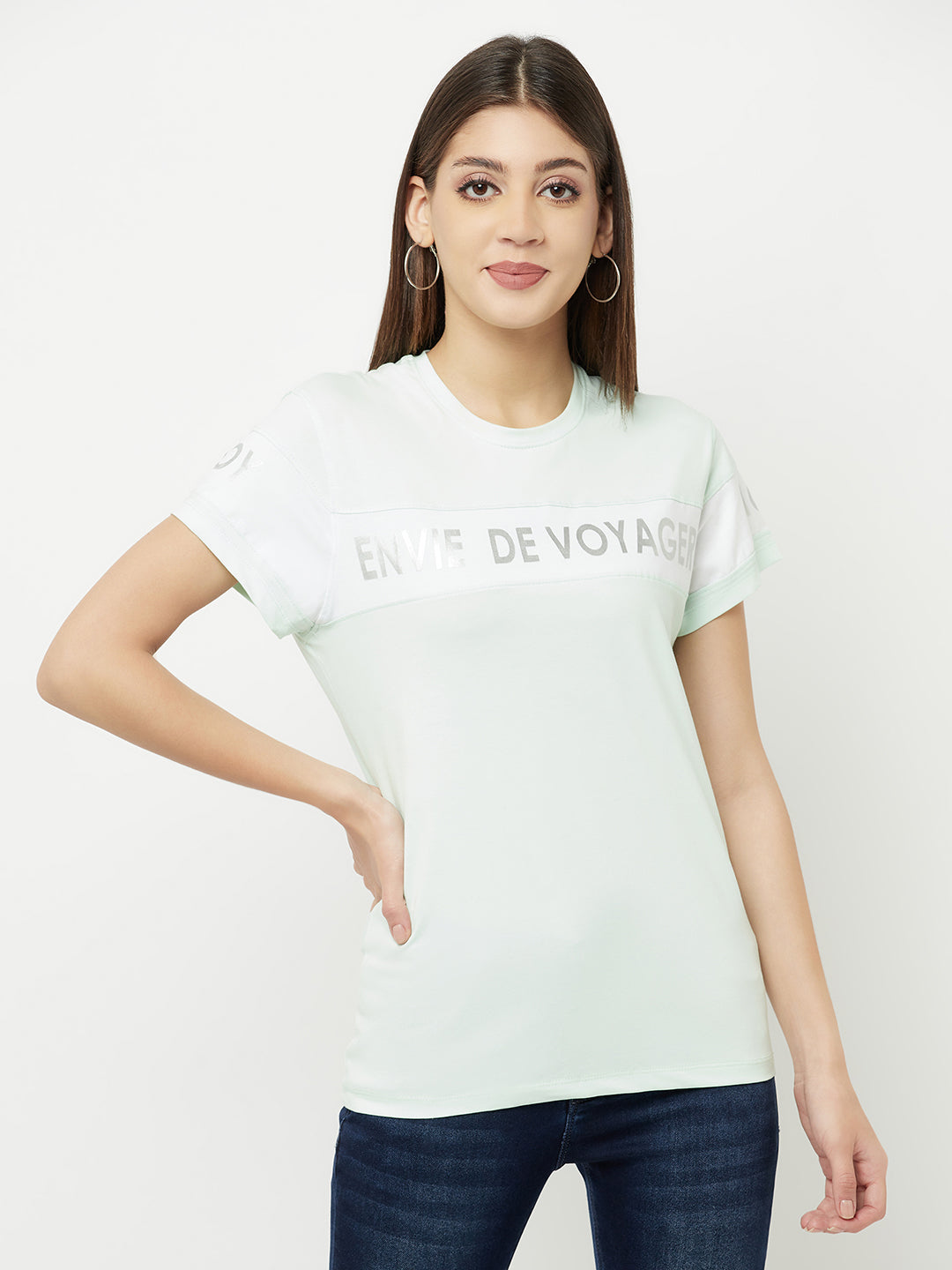 Mint Green Printed Round Neck T-Shirt - Women T-Shirts