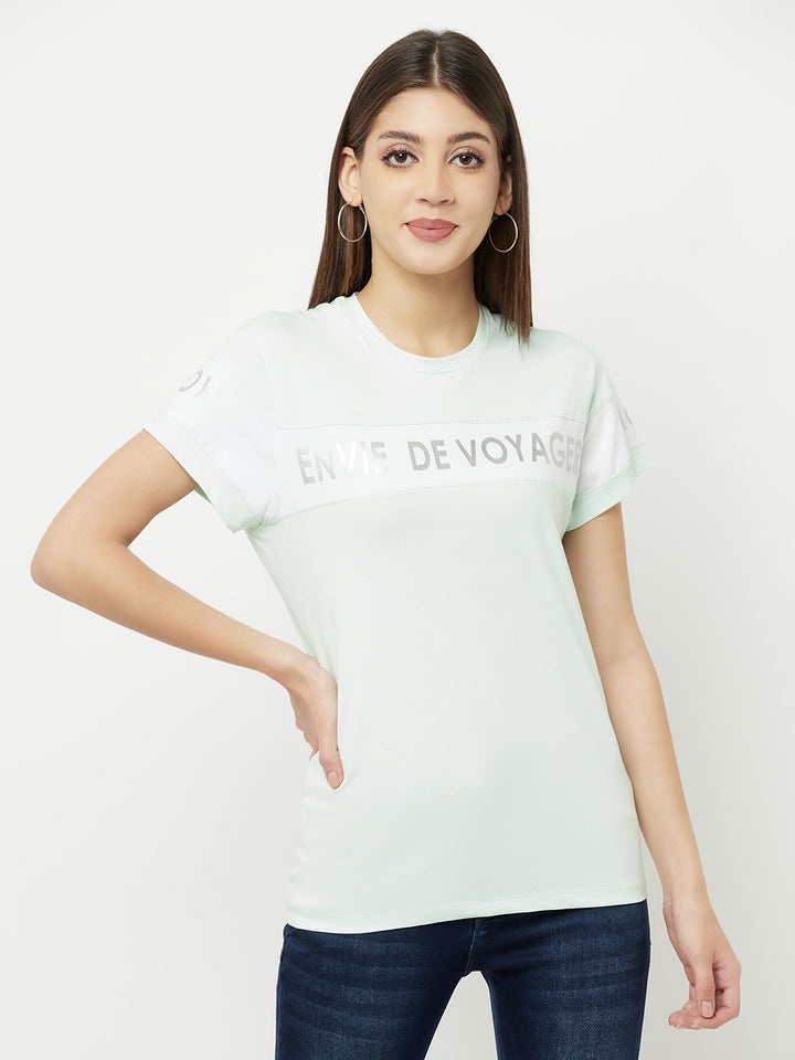 Mint Green Printed Round Neck T-Shirt - Women T-Shirts
