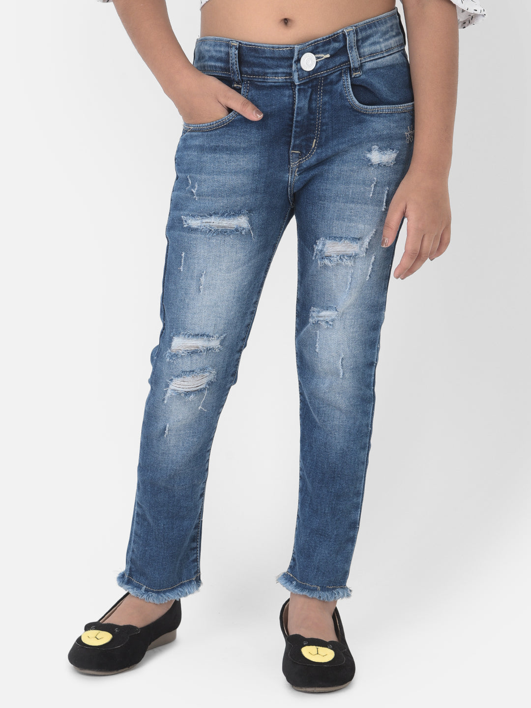Blue Light Fade Distressed Jeans - Girls Jeans