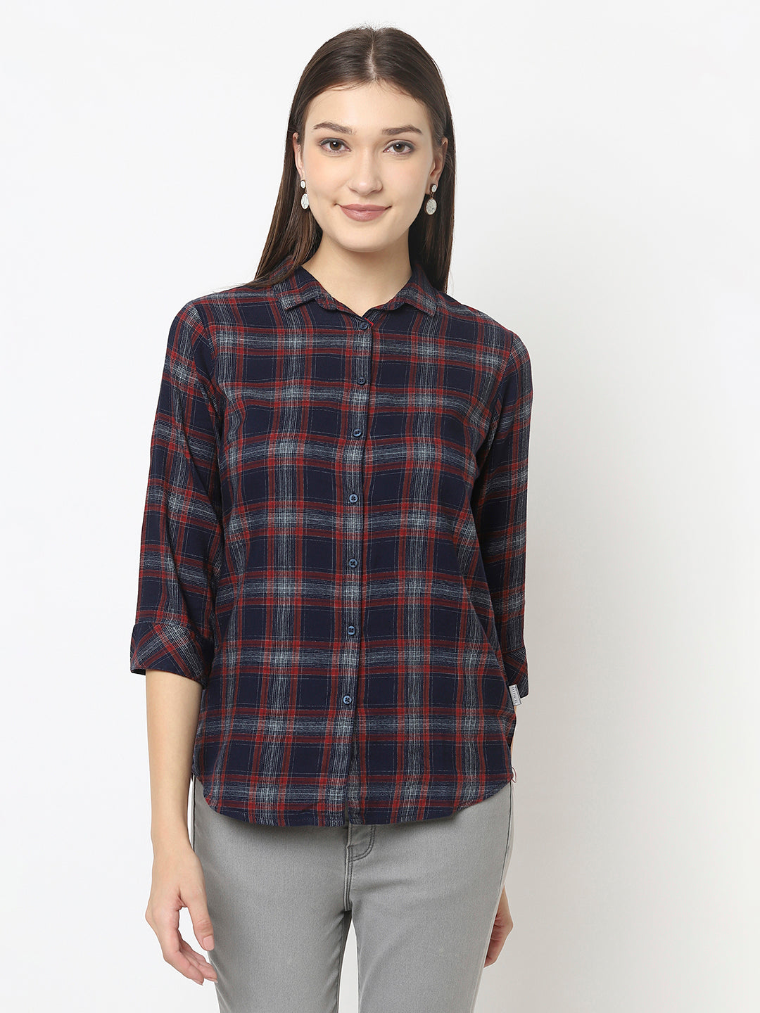 Navy Blue Checked Shirt with Asymmetrical Hemline