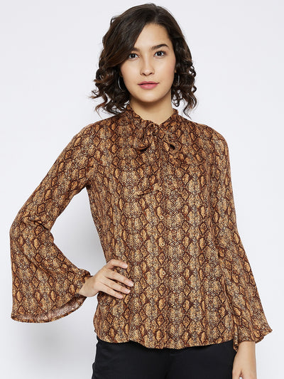 Beige Printed Tie-up Neck Top - Women Tops