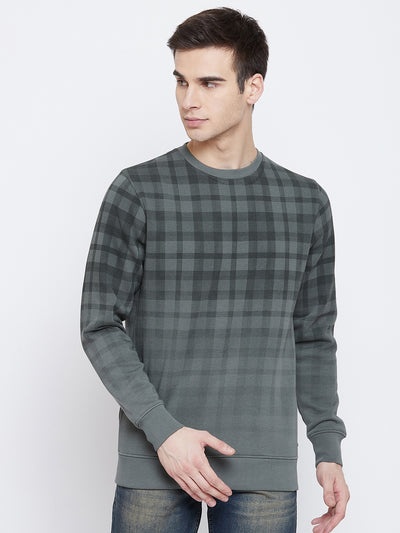Green Checked Round Neck Sweatshirt - Men Sweatshirts
