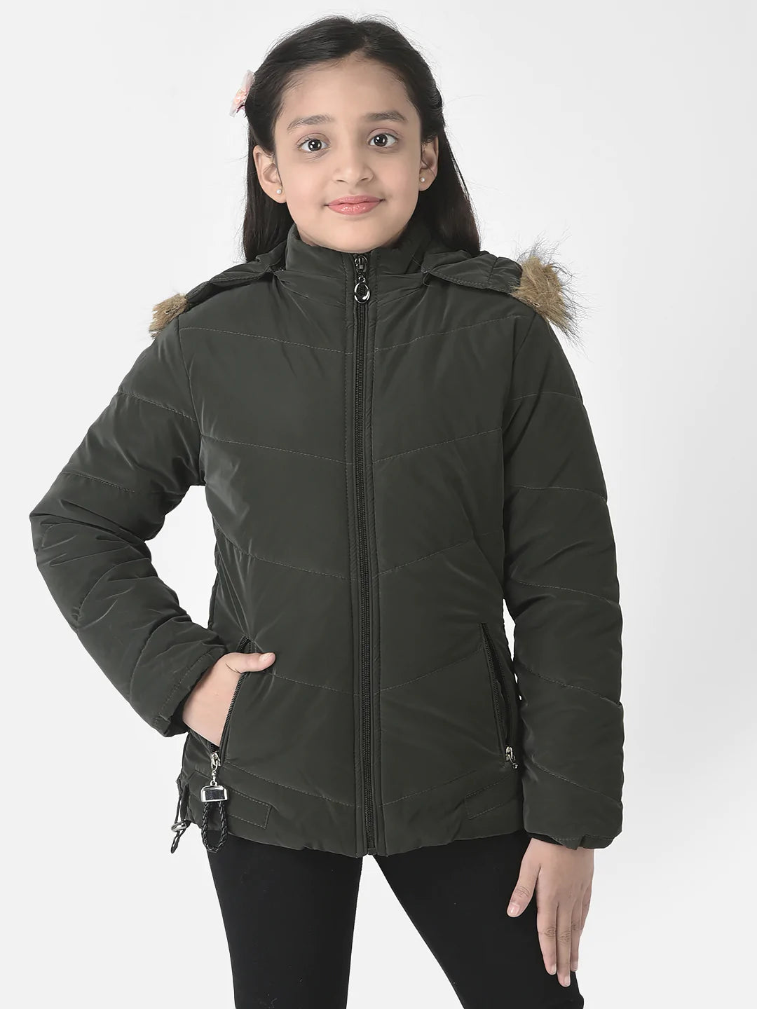  Olive Faux Fur Hooded Jacket 