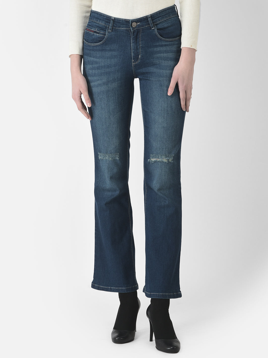  Blue Wide-Leg Distressed Jeans