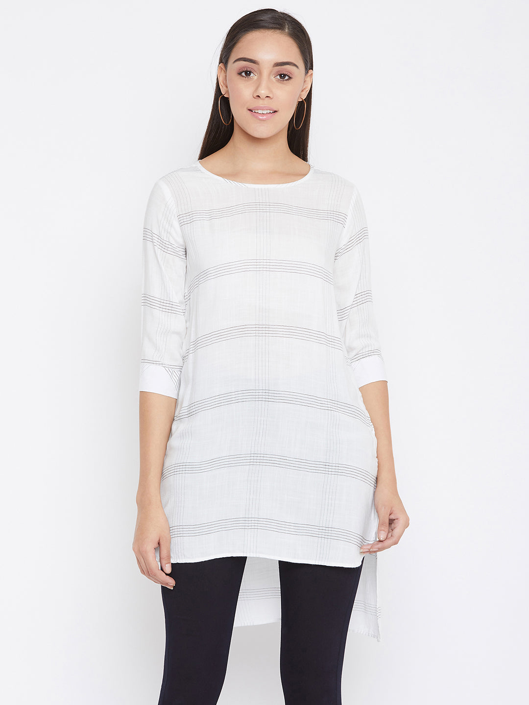 White Checked Round Neck Top - Women Tops