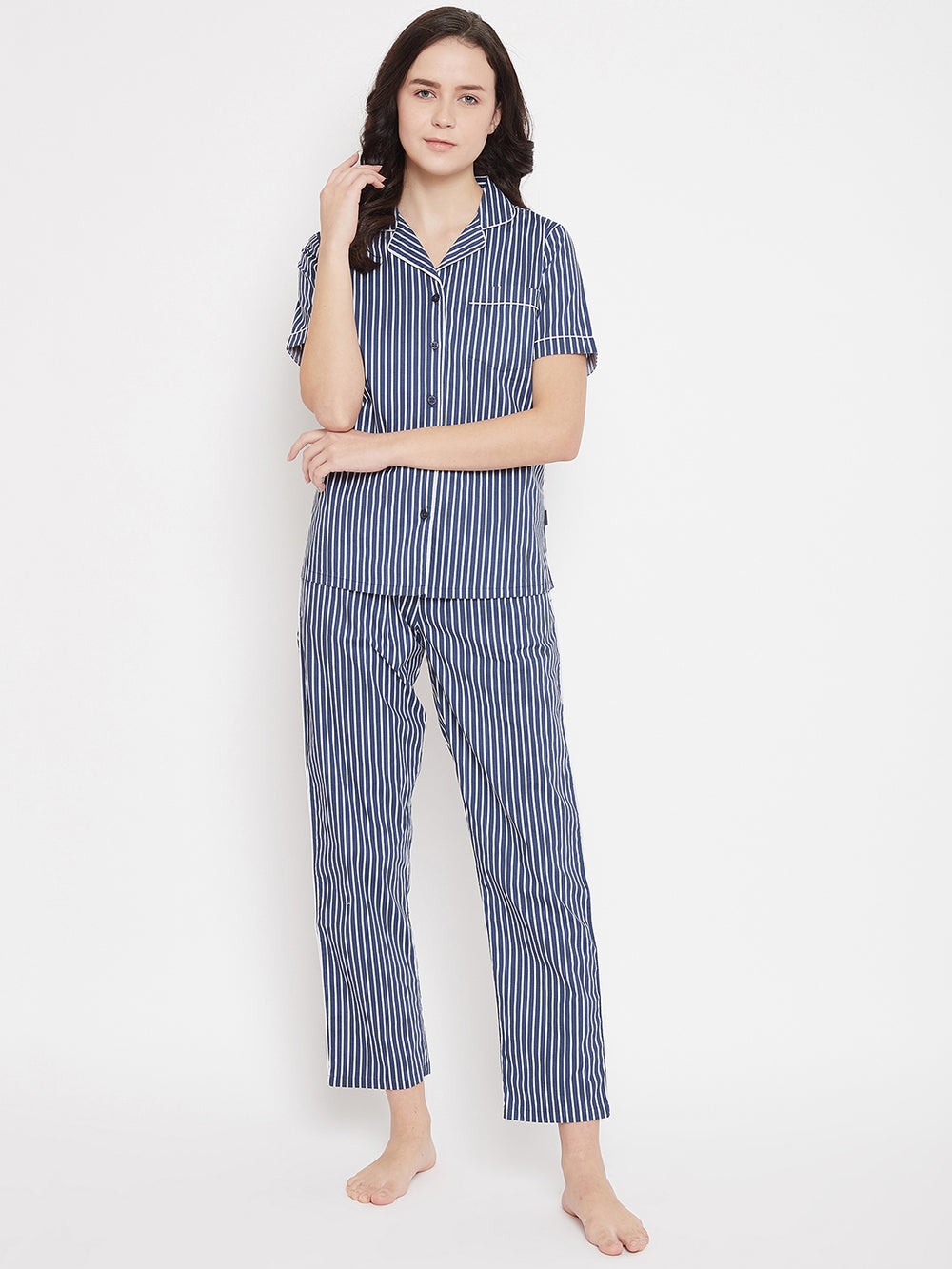Blue Striped Slim Fit Night Suits - Women Night Suits