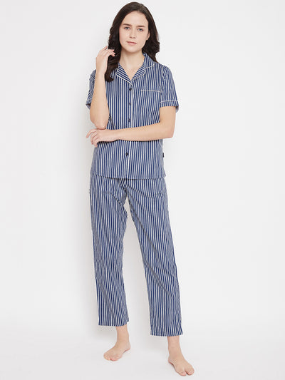 Blue Striped Slim Fit Night Suits - Women Night Suits