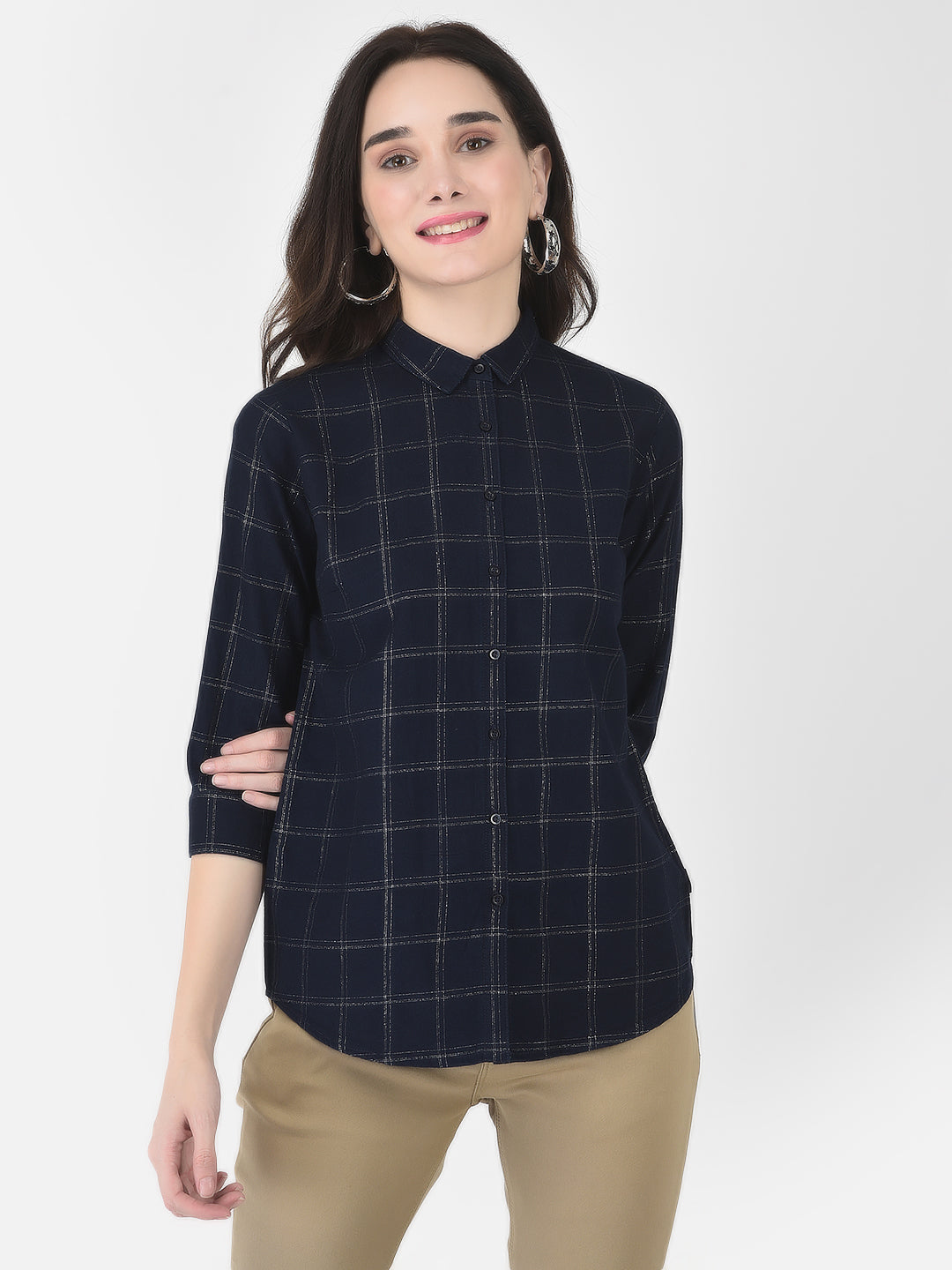 Navy Blue Checked Shirt - Women Shirts