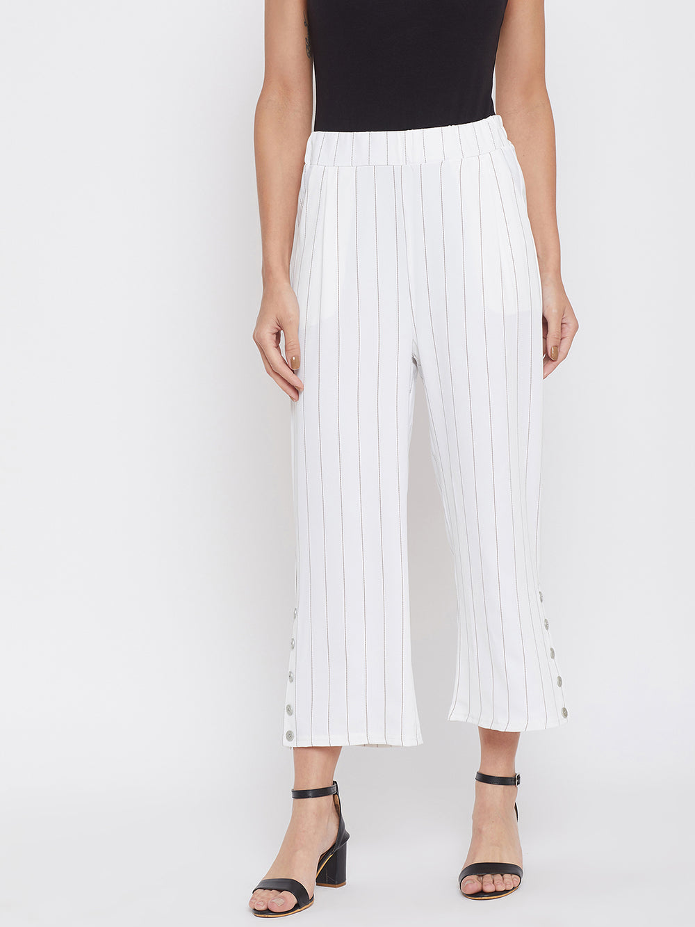 White Striped Flared Cotton Trousers - Women Trousers