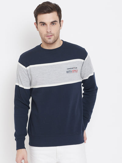 Navy Blue Colorblocked Round Neck Sweatshirt - Men Sweatshirts