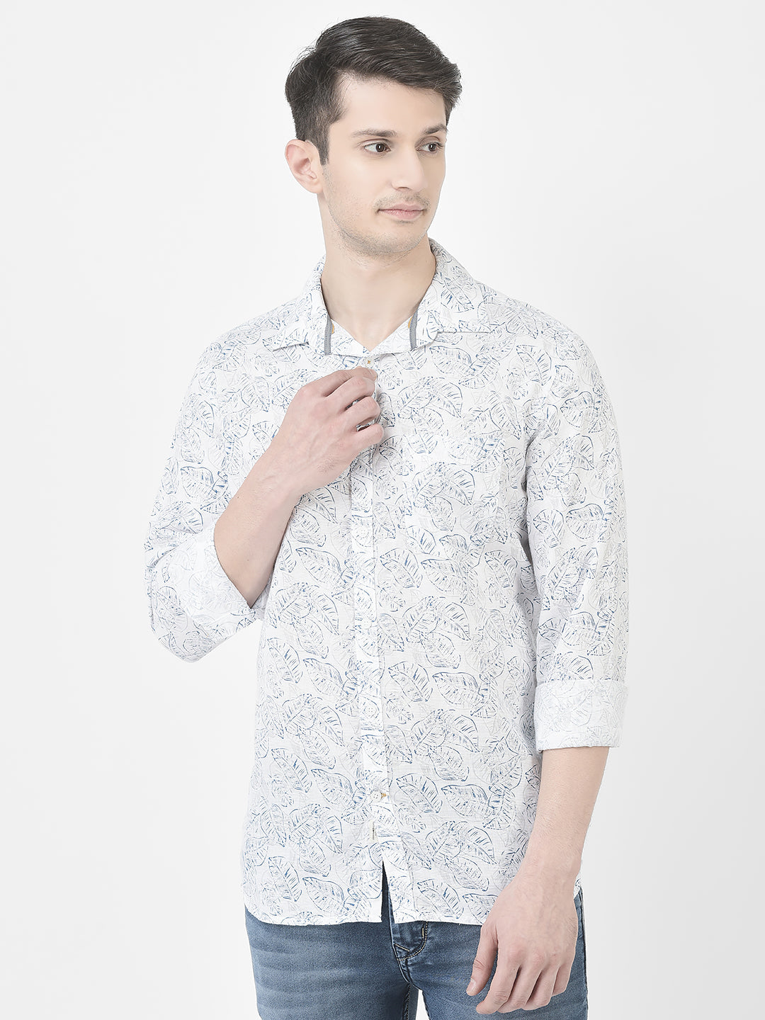  White Leaf-Print Shirt