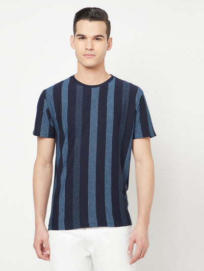 Navy Blue Striped Round Neck T-Shirt - Men T-Shirts