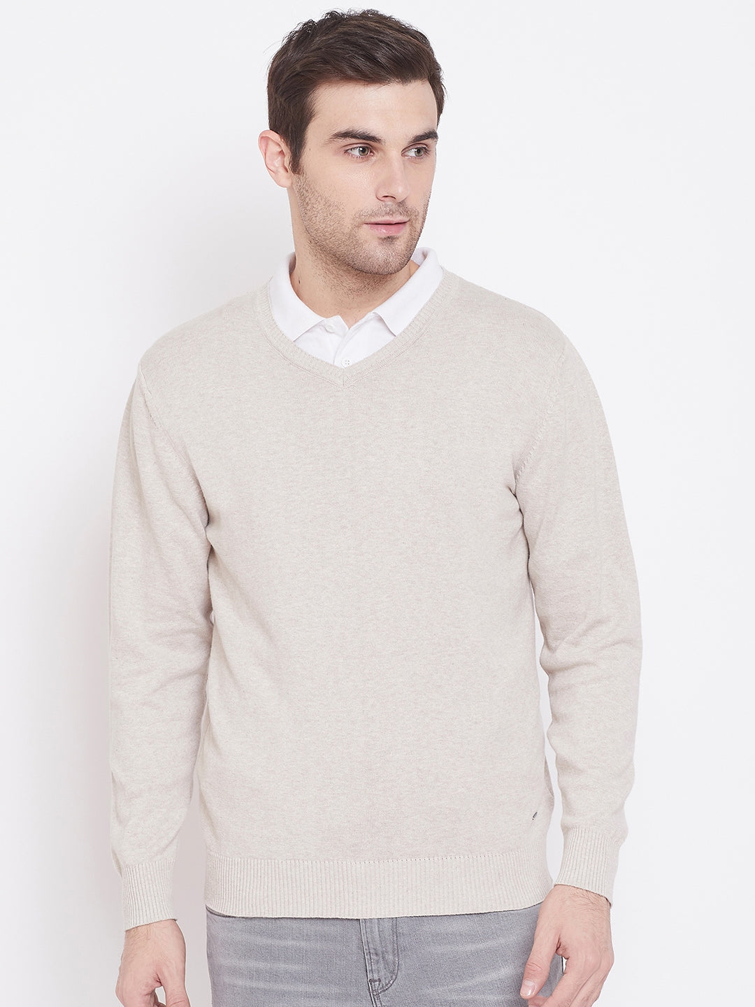 Beige V-Neck Sweater - Men Sweaters