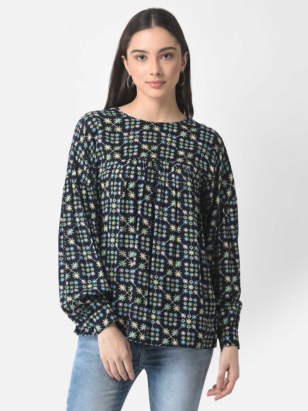  Navy Blue Abstract Print Top