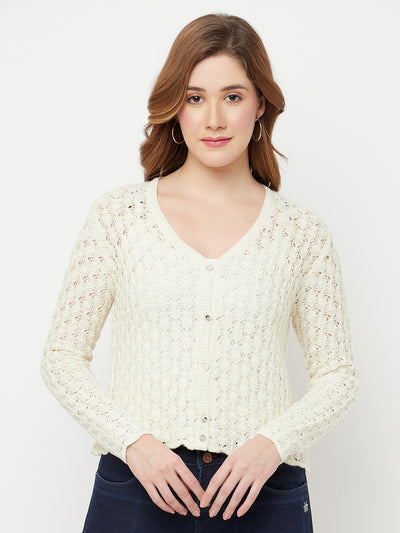 Cream V-Neck Cropped Sweater - Women Sweaters